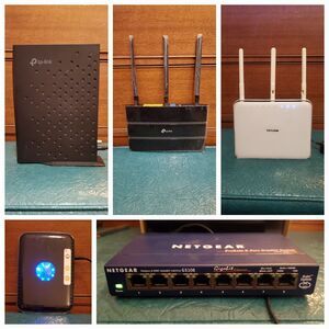 LOT Mixed Network Equipment Routers Modems Switch TP Link Netgear All Power On